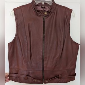 Cabi Brown Leather, Belted Motorcycle Vest, Full Zipper - Size L